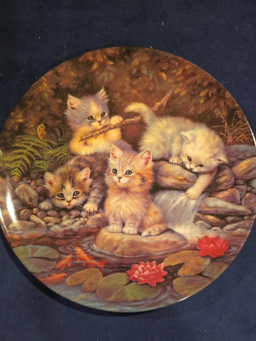 "By The Lily Pond"Round Decorative Plate with Playful Kittens and Lily Pads, COA
